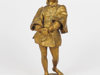 Vente aux enchères P. FILHASTRE.  "Gringoire". Sculpture en bronze doré. Signée. H. 43,5 