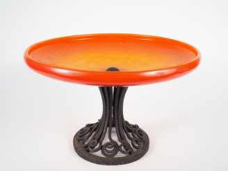 Vente aux enchères SCHNEIDER.  Grande coupe en verre marbré orange et jaune nuancé de ble