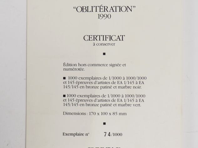 SOSNO.  "oblitération" Sculpture en bronze et marbre.  Signée. Edition