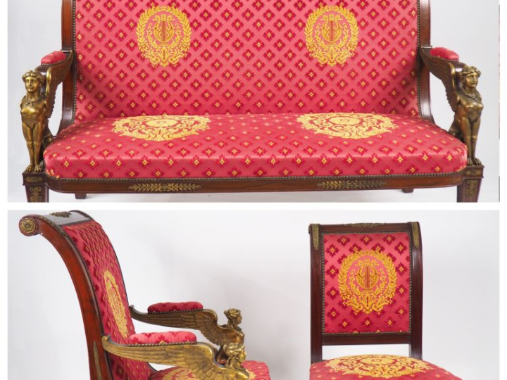 Mobilier de salon de style Retour d'Egypte en bronze et placage d'acaj