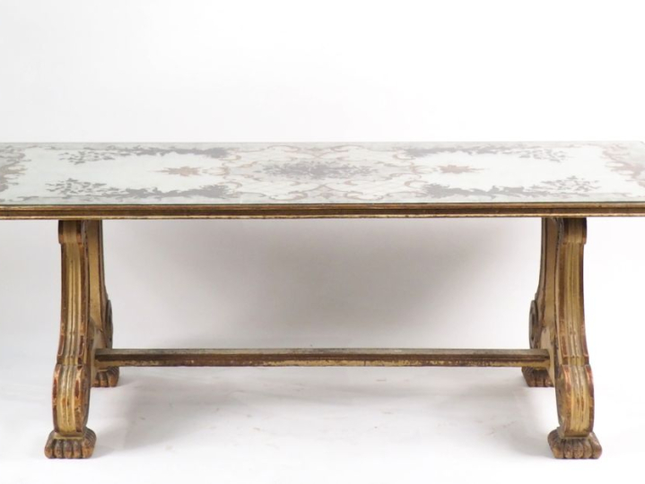 Superbe table de salle à manger rectangulaire 1940, plateau en verre é