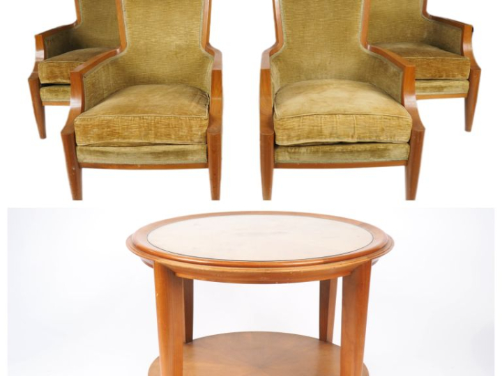 ARBUS.  Mobilier de salon en placage de sycomore, garniture de velours