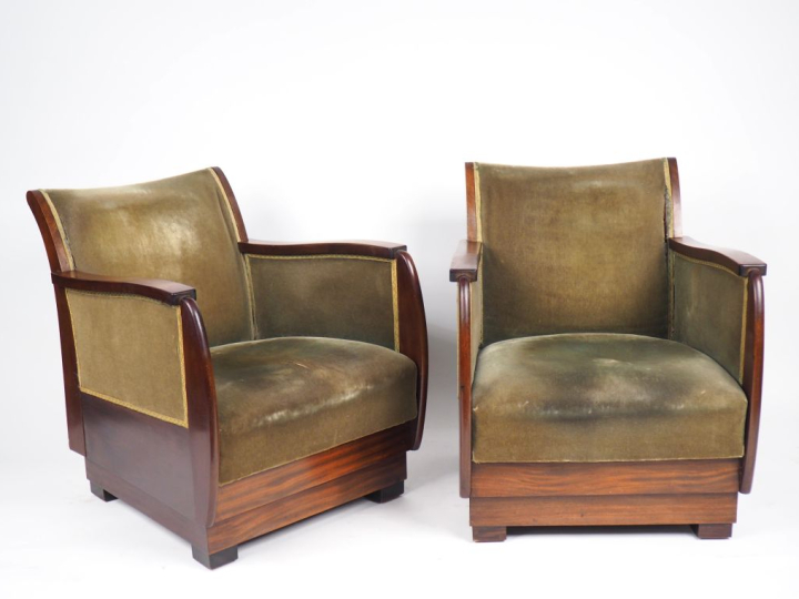 Paire de bergères Art Déco en acajou massif et placage d'acajou, garni