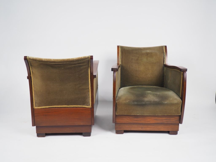 Paire de bergères Art Déco en acajou massif et placage d'acajou, garni