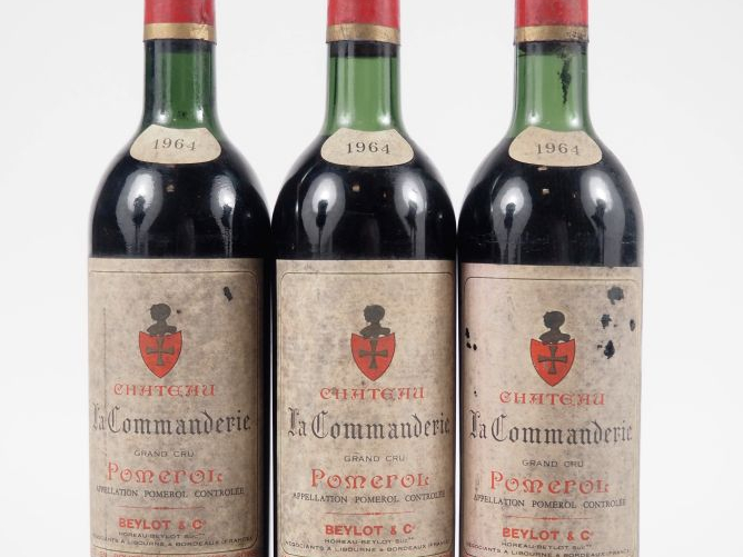 3 BOUTEILLES CHÂTEAU LA COMMANDERIE POMEROL - 1964 - LB/ES/1 ELA