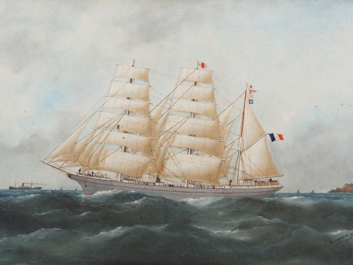 E. ADAM.  "le yacht" Huile sur toile, signée en bas à droite, située a