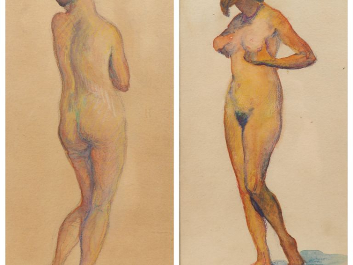 R. BEJA.  "Femmes nues de dos"  Deux dessins au crayon de couleurs, da