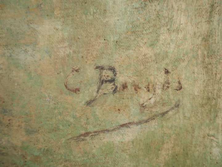 C. BERGES. "Paysage animé au pont" Huile sur toile, signée en bas à dr