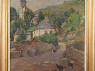 Vente aux enchères C. BERGES. "Jeune fermière nourrissant ses canards" Huile sur toile, s