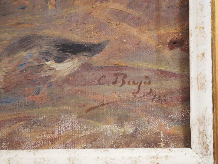 C. BERGES. "Jeune fermière nourrissant ses canards" Huile sur toile, s