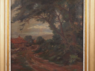 Vente aux enchères C. BERGES. "Cour de ferme dans un village du pays basque" Huile sur to