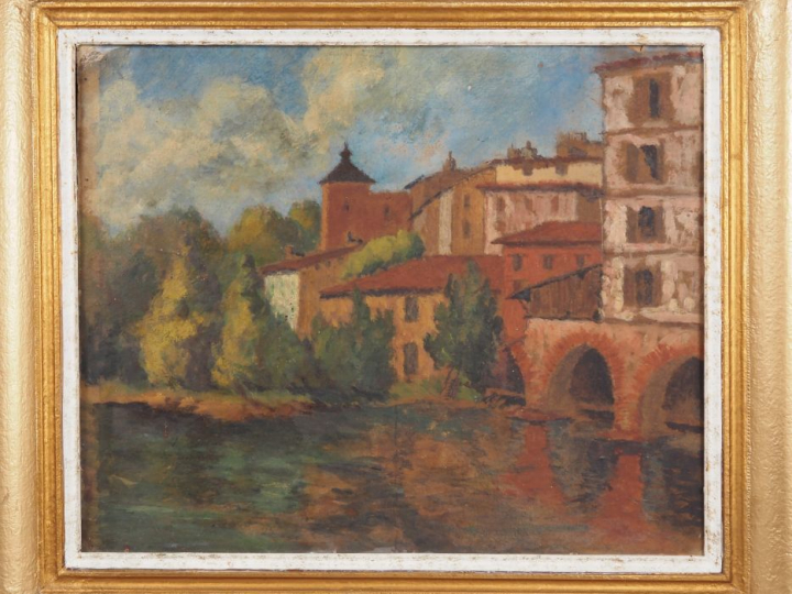 C. BERGES. (attribuée à) "St-Jean-Pied-de-Port" Huile sur carton, non 