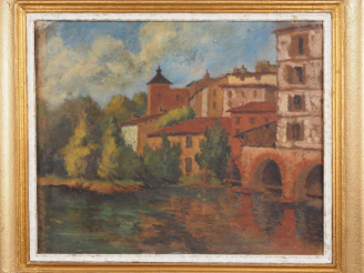 Vente aux enchères C. BERGES. (attribuée à) "St-Jean-Pied-de-Port" Huile sur carton, non 