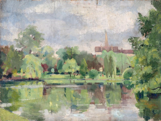 Vente aux enchères ETCHEGARAY.  "Etang en bordure de village".  Huile sur toile, signée e
