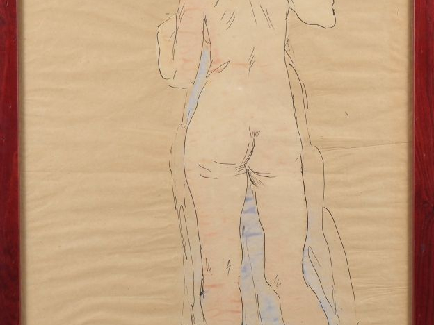S. GROUNOVSKY.  "jeune femme nue de dos" Dessin à la plume, rehaussé, 