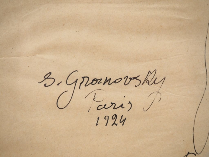 S. GROUNOVSKY.  "jeune femme nue de dos" Dessin à la plume, rehaussé, 