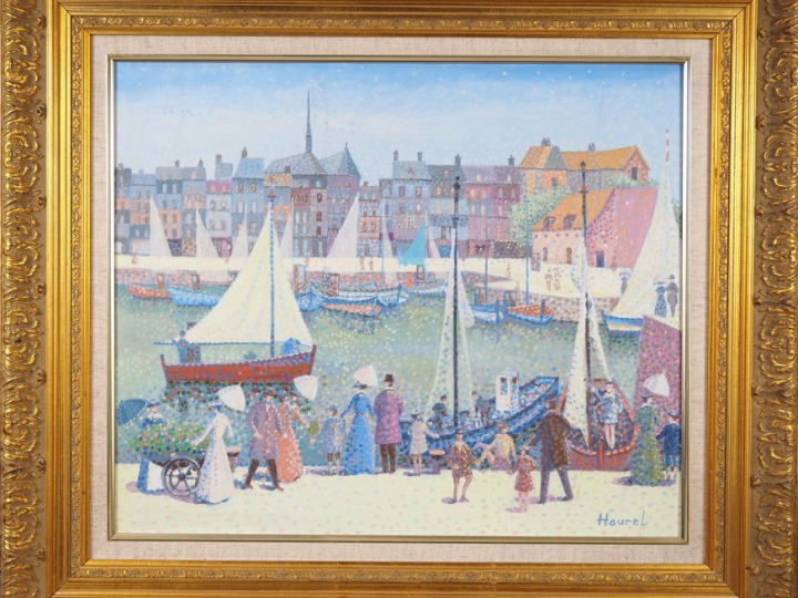 HAUREL.  "port normand" Huile sur toile, signée en bas à droite Dim. 4