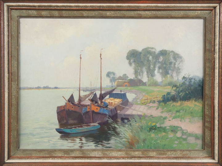 AV. NIJKERK.  "Péniche"  Huile sur toile, signée en bas à gauche  Dim.