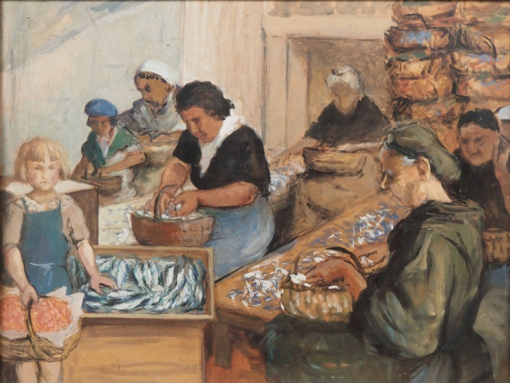 Henry SIMON.  "les sardinières"  Gouache, signée en haut à gauche Dim.