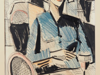 Vente aux enchères Ecole française XXème. Dessin à l'encre  "Elégante au bistrot" Dim. 39