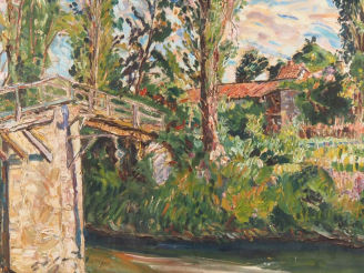 Vente aux enchères Mario CAVAGLIERI.  "Moulin de Gascogne au printemps" Huile sur toile D