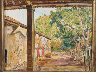 Vente aux enchères Mario CAVAGLIERI.  "cour de ferme" Huile sur toile, signée en bas à dr