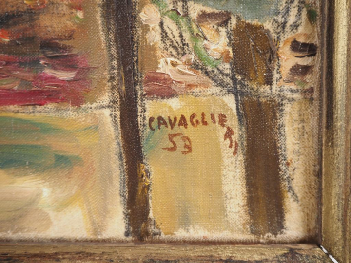 Mario CAVAGLIERI.  "cour de ferme" Huile sur toile, signée en bas à dr