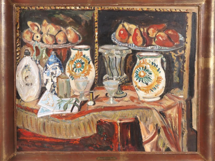 Mario CAVAGLIERI.  "Nature morte" Huile sur toile, signée en bas à gau