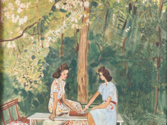 Vente aux enchères Mario CAVAGLIERI.  "Jeunes filles jouant aux échecs" Huile sur toile D