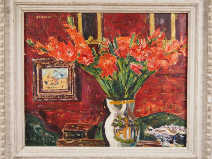Mario CAVAGLIERI.  "nature morte au bouquet de glaieuls"  Huile sur to