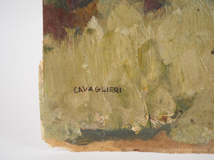 Mario CAVAGLIERI.  "Paysage" Huile sur papier, signée en bas à gauche 