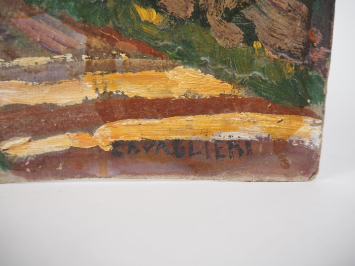 Mario CAVAGLIERI.  "Route dans la montagne" Huile sur carton, signée e