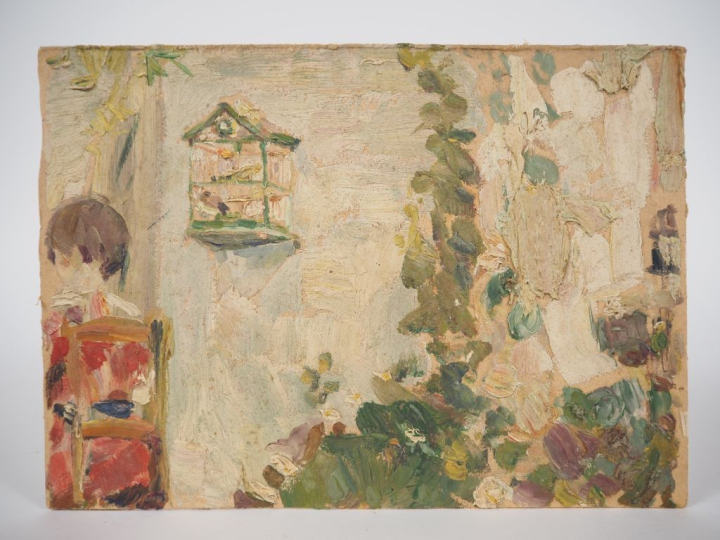 Mario CAVAGLIERI. "la fillette au canaris" Circa 1911 Huile sur carton