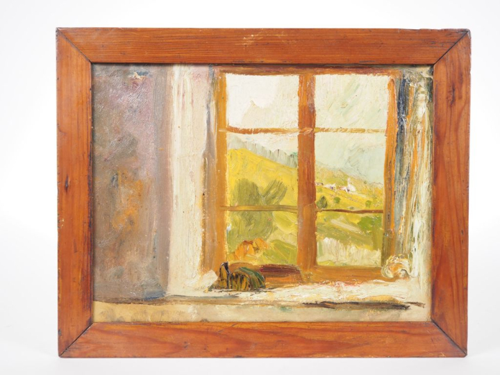 Mario CAVAGLIERI.  "Fenêtre et paysage de montagne" Circa 1904 Huile s