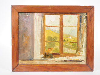 Vente aux enchères Mario CAVAGLIERI.  "Fenêtre et paysage de montagne" Circa 1904 Huile s
