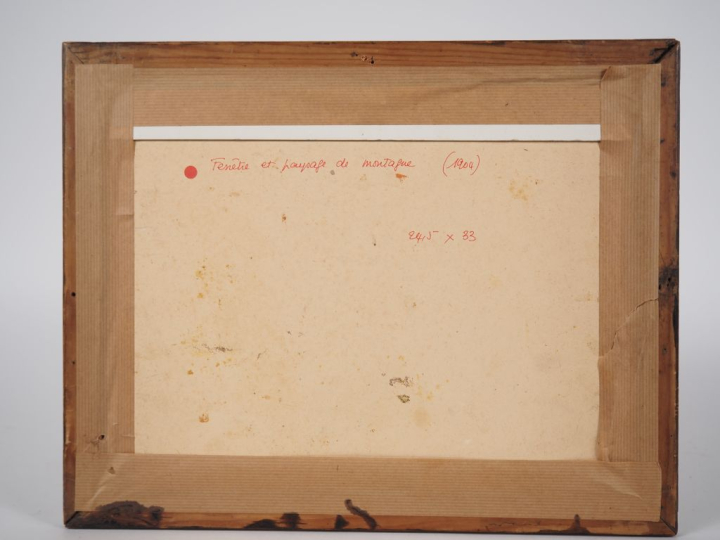 Mario CAVAGLIERI.  "Fenêtre et paysage de montagne" Circa 1904 Huile s