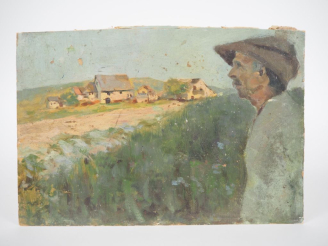 Vente aux enchères Mario CAVAGLIERI.  "Paysan à Carnia" Circa 1905 Huile sur papier Dim. 