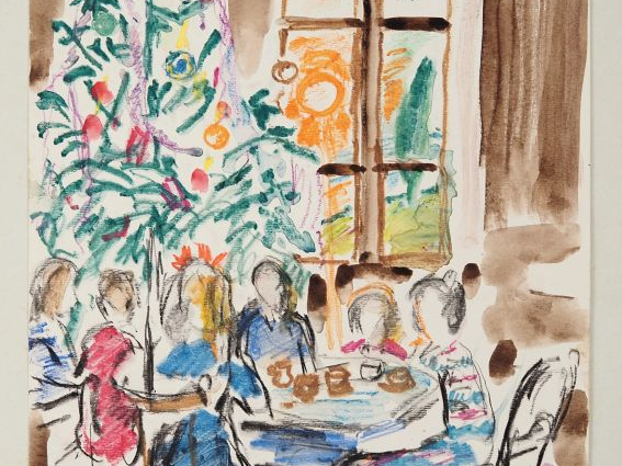Mario CAVAGLIERI.  "Repas de Noël" Aquarelle, signée en bas à droite e