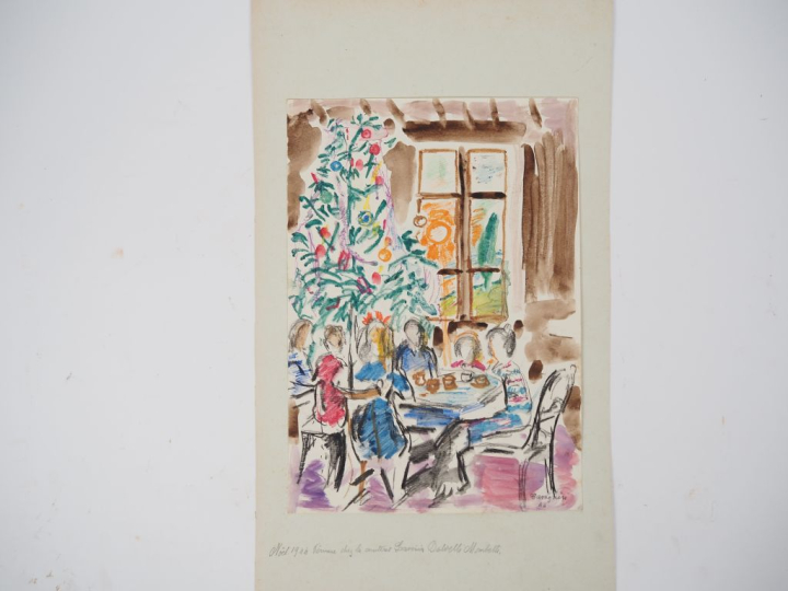 Mario CAVAGLIERI.  "Repas de Noël" Aquarelle, signée en bas à droite e