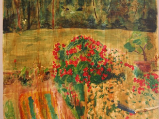 Vente aux enchères Mario CAVAGLIERI.  "Fleurs et paysage" Aquarelle, signée en bas à droi