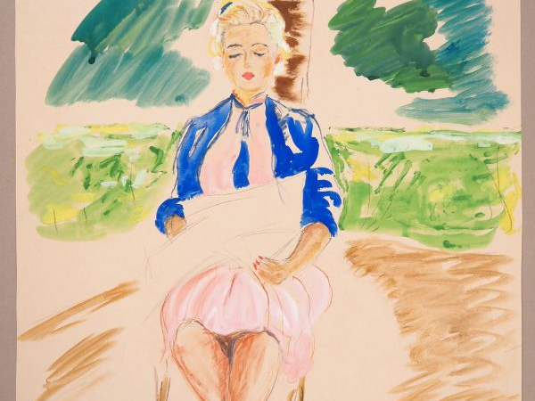 Mario CAVAGLIERI.  "Portrait de jeune fille lisant" Aquarelle, signée 