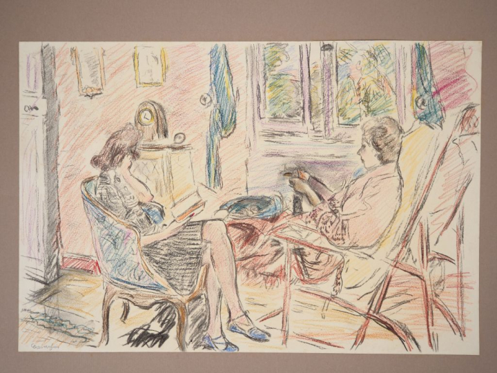 Mario CAVAGLIERI.  "Repos au salon" Dessin, crayons de couleurs, signé