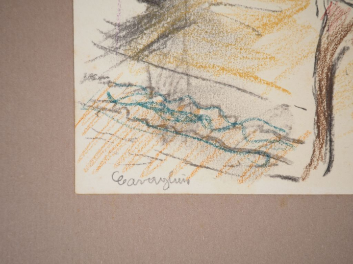 Mario CAVAGLIERI.  "Repos au salon" Dessin, crayons de couleurs, signé