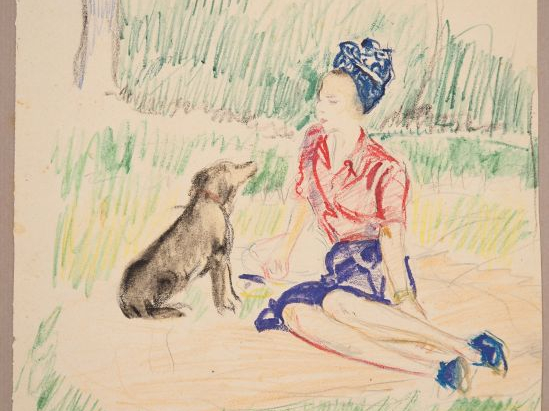 Mario CAVAGLIERI.  "Jeune femme et son chien" Dessin, crayons de coule
