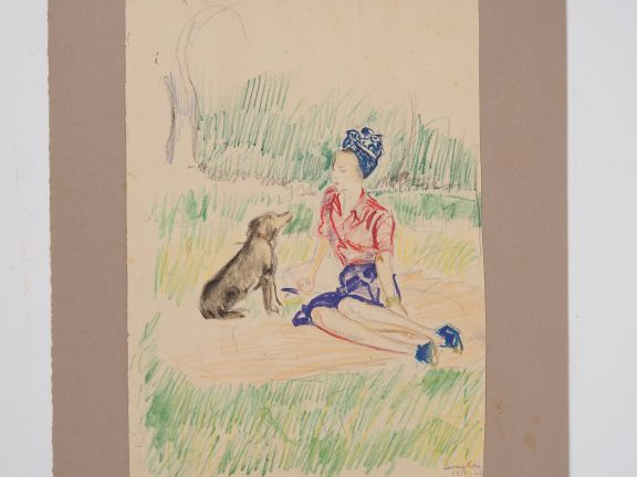 Mario CAVAGLIERI.  "Jeune femme et son chien" Dessin, crayons de coule