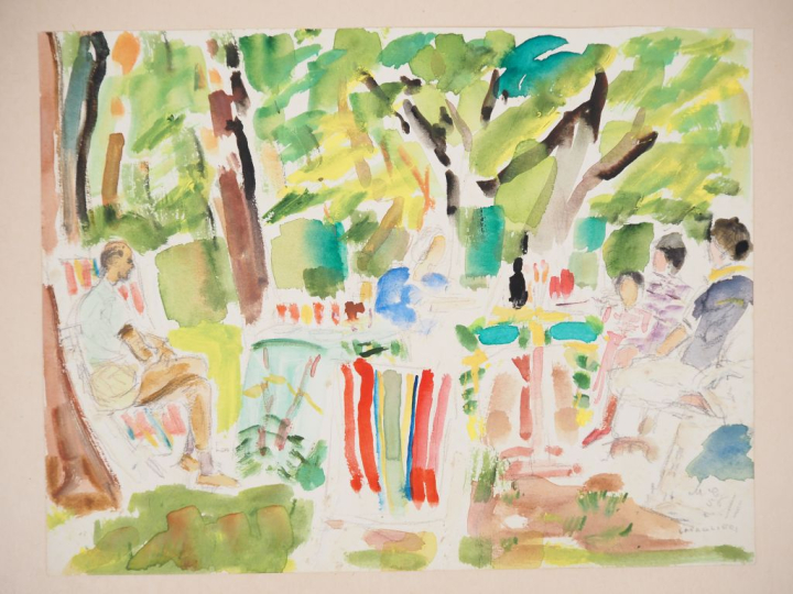 Mario CAVAGLIERI.  "Conversation au jardin" Aquarelle, signée en bas à