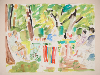 Vente aux enchères Mario CAVAGLIERI.  "Conversation au jardin" Aquarelle, signée en bas à