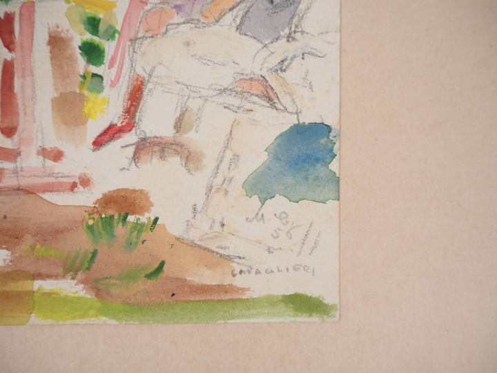 Mario CAVAGLIERI.  "Conversation au jardin" Aquarelle, signée en bas à
