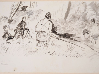 Vente aux enchères Mario CAVAGLIERI.  "Partie de pêche" Encre, signée en bas à gauche et 