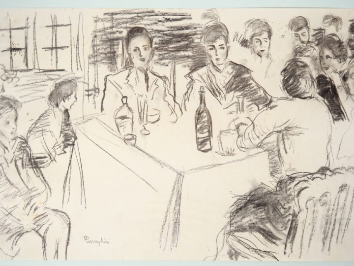 Mario CAVAGLIERI.  "Les convives" Dessin au fusain, signé en bas à gau